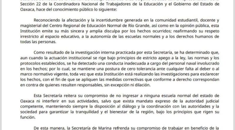 Secretaría de Marina acepta que marinos tuvieron “conducta inadecuada” tras su ingreso a Escuela Normal de Oaxaca y ofrece disculpa pública